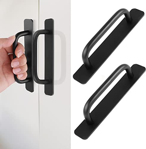 Prasacco 2 Pieces Self-Stick Cabinet Drawer Handles Pulls, Black Aluminum Alloy Drawer Push Pull Handles Helper with Adhesive Door Handle for Kitchen Bathroom Closet Wardrobe Dresser Window (Black)