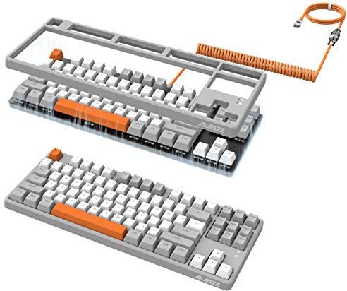 A.JAZZ AK873 Wired 87Key TKL Mechanical Gaming Keyboard with Rainbow Backlit Hot-swap Tactile Blue Switch NKRO Gasket Custom Coiled Aviator C to A Cable for Win/Mac/PC/Laptop Gamer(Gray White Orange)