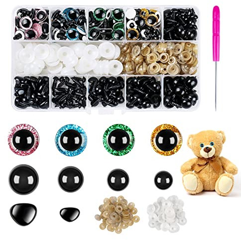 CoKeeSun 169 Stück Sicherheitsaugen und Sicherheitsnasen, Bunte Glitzer Sicherheitsaugen für Häkeltiere, Kunststoff Puppenaugen Sicherheitsnasen für Plüsch Puppe Marionette Teddybär (Ø 6-12mm)