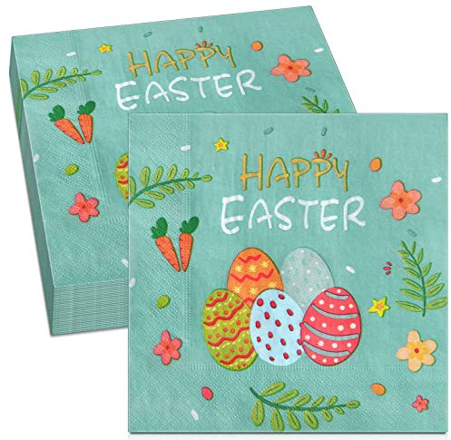 40 Stück Servietten Ostern Ostereier Papierservietten Happy Easter Getränkeservietten Einweg Party Servietten Cocktail Servietten Bunten Servietten für Ostern Party Frühling Dekoration