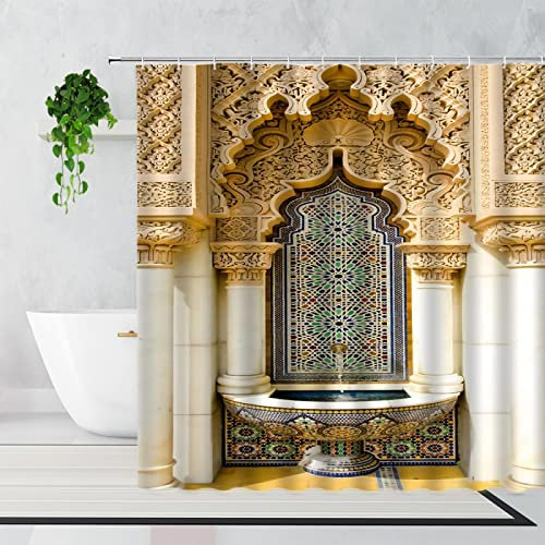 YTITILUCK Marokkanischer 3D-Duschvorhang, gealtertes Tor, geometrisches Türdesign, Eingang, architektonisch, orientalischer Stil, Badezimmervorhänge, 240 x 200 cm, Stall-Duschvorhang