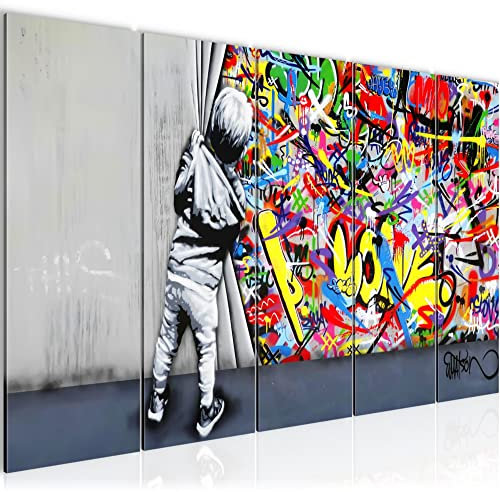 Runa Art Bild Junge hinter dem Vorhang Wandbilder auf Vlies Leinwand 5 Teilig Wanddekoration Loft Wohnzimmer 043556a