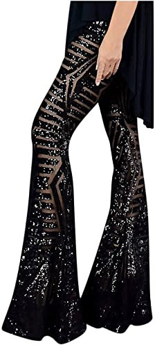 EMATOP Damen Glitzer Pailletten Hose Elegant Lang Sommerhose Boho Strandhose Hoch Taillierte Schlaghose Dehnbar Lässige Leggings Neuartiger Druck Hippie Hosen Teenager Mädchen Streetwear