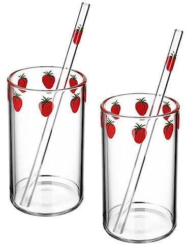ERINGOGO Lot De 2 Gobelets à Fraises En Verre Avec Paille Jolis Verres à Boire Pour Jus Café Lait Boisson