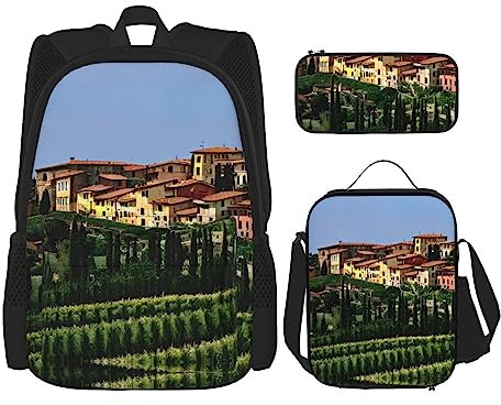 OdDdot Schulrucksack-Set, Reiserucksack, leichte Büchertasche, mit Lunchtasche, Federmäppchen, italienisch-toskanischer Druck, Italien-toskanisch, Einheitsgröße, Schulranzen-Set