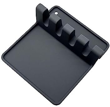 Kitchen Utensil Rest Spoon Holder Rest Silicone Rest Pad for Ladle, Spatula, Tongs, Fork - Heat Resistant, BPA Free, Black, Pack of 1