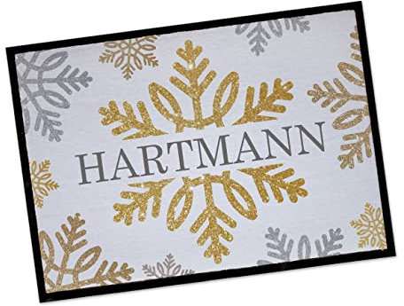 Herz & Heim® Winterliche Fußmatte mit Schneeflockenmotiv und Wunschtext/Innenbereich, rutschfest 60 cm x 40 cm (B/H)