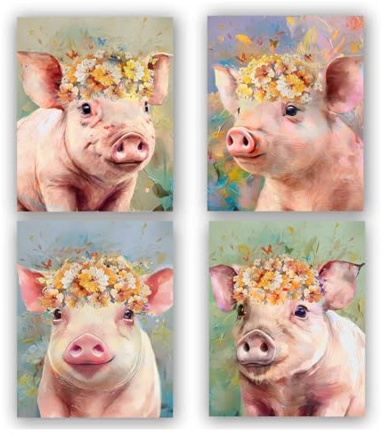 Kunstdruck auf Leinwand, Motiv Witziges Schwein und rosa Schmetterling, 20,3 x 25,4 cm, ohne Rahmen, 4 Stück
