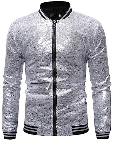 Glitzer Jacket Herren Pailletten-Jacke Metallic Nachtclub Reißverschluss Bomberjacke 80er Jahre Outfit Herren Mode Casual Baseball Bomber Glänzende Jacke Disco Party Karneval Kostüm