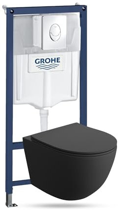 GROHE Vorwandelement Sinto Start + Wand Hänge WC Salto Schwarz Spülrandlos + + WC Sitz mit Absenkautomatik Verchromter Knopf Komplettset Unterputz Spülkasten Toilette Komplett Sett WC