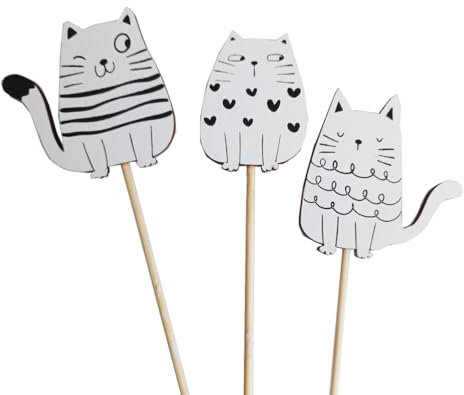 itsisa Blumenstecker Katze aus Holz, 3er Set - Frühlingsdeko, Pflanzstecker Katzen, Blumen Deko
