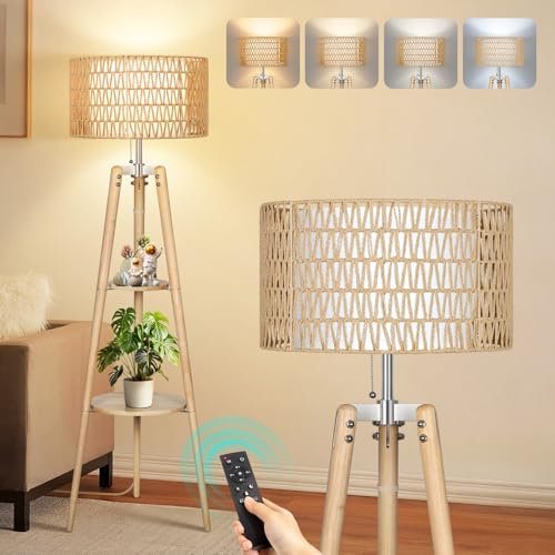 OUTON LED Stehlampe Dimmbar Dreibein Holz mit Regal,Fernbedienung,4 Farbtemperatur,1 Stunde Timerfunktion,Stativ Stehleuchte mit zwei Lampenschirmen,geeignet für Wohnzimmer, Schlafzimmer(Holzfarbe)