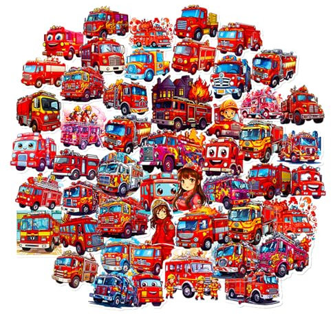 Afufu Cartoon Feuerwehrfahrzeug Aufkleber, 50 Stück Wasserdicht Vinyl Feuerwehr Feuerwehrautos Stickers Fire Truck Decals, Feuerwehraufkleber für Koffer, Wasserflasche, Laptop, Skateboard, Party Deko