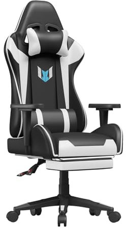 bigzzia Gaming Chair with Footrest Office Chair,155 Degree PU Leather Ergonomic Office Chair with Lumbar Cushion&Headrest&Fixed Armrest,Gaming Chair Gaming Seat Adult Young Boy Girl (White)