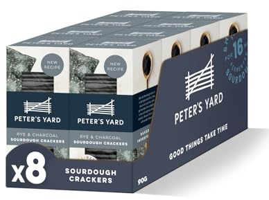 Peter's Yard Sourdough Crackers, Rye & Charcoal, Great with Chutney and Cheese, High Fibre, Natural Ingredients, Low Sugar 90g x 8