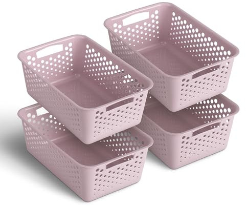 Lot de 4 paniers de rangement de 5 l avec poignées - Sans BPA - Organisateur (30 x 20 x 11 cm/rose) - Paniers pour salle de bain, cuisine, chambre à coucher