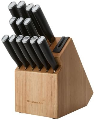 KitchenAid Classic Step Messerblock Set mit integriertem Messerschärfer, High Carbon Edelstahl Küchenmesser, Scharfes Küchenmesser Set mit Block, 14-teilig, Natur