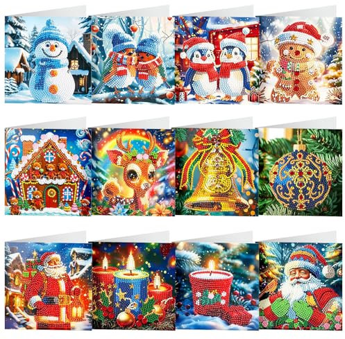 Zoomarlous Diamond Painting Weihnachten, 12 Stück 5D Diamond Painting Weihnachtskarten Mit Umschlag Set Diy Grußkarten Für Weihnachten Christmas Cards Postkarten Für Weihnachten, Feiertage