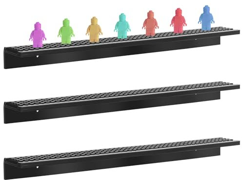 3-Pack Display Shelves for Minifigure - Wall Mount Shelf for Building Bricks Holds Up to 72 Figures, Cabinet Acrylic Floating Display Case Compatible with Lego Figure Collectibles Black (Shelf Only)
