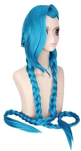 N.J Cosplay-Perücke, lange, blaue Zöpfe mit Perücke für Jinx für arkane Legenden, Himmelblau für Liga