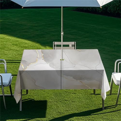 Highdi Tischdecke mit Loch in der Mitte, Abwaschbar Rechteckig Tischdecke mit Schirmloch Outdoor Tischdecke mit Reißverschluss Gartentischdecke für Sonnenschirm (Moderner Marmor 6,213x152cm)
