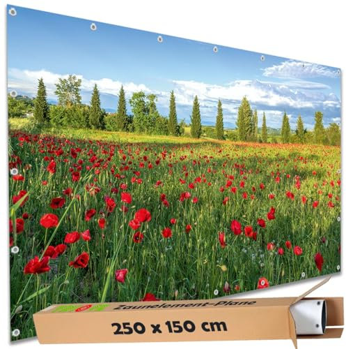 TRIOSK Sichtschutz Garten Deko Zaun Plane Blickdicht groß mit Zaunblende Motiv Mohn Blumen Feld Wiese für Balkon Terrasse Zaunelement Doppelstabmatten Gartenzaun PVC 250x150 cm