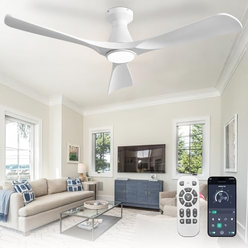 Depuley 52-Inch Ceiling Fans with Lights: White 3 Blade Flush Mount Low Profile Ceiling Fan for Bedroom - Dimmable Outdoor Quiet DC Motor Fan with Remote APP Control Timer