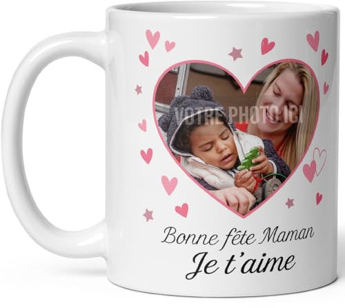 selfiewatch Tasse Photo Personnalisée Fête des Mères, Cadre Coeur Rose, Message 'Bonne fête Maman Je t'aime', Mug en Céramique Blanc