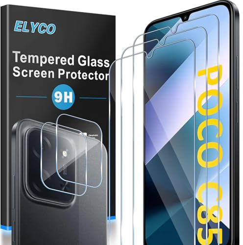 ELYCO Cristal Templado para Xiaomi POCO C85, 3+2 Piezas | 3 Piezas Protector de Pantalla + 2 Piezas Protector de Lente Cámara, 9H Dureza Anti-Rasguños, HD Vidrio Templado