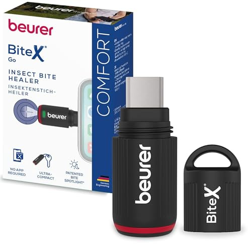 Beurer BiteX Go Deep Black, dispositif anti moustique contre piqure moustique, pour smartphone USB-C, traitement des démangeaisons, piqûres et morsures d’insectes, avec lumière