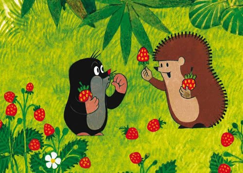 Postkarte DER KLEINE MAULWURF - Motiv: MW UND IGEL ESSEN ERDBEEREN, Anlass: Kindermotive, Künstler/Verlag: KARTENKOMBINAT © MILER, Zdenek, Größe: A6
