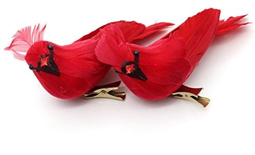 Yolococa 2 x Artificial Feather Birds with Clips for Christmas Tree Decoration Cardinalis Birds Red