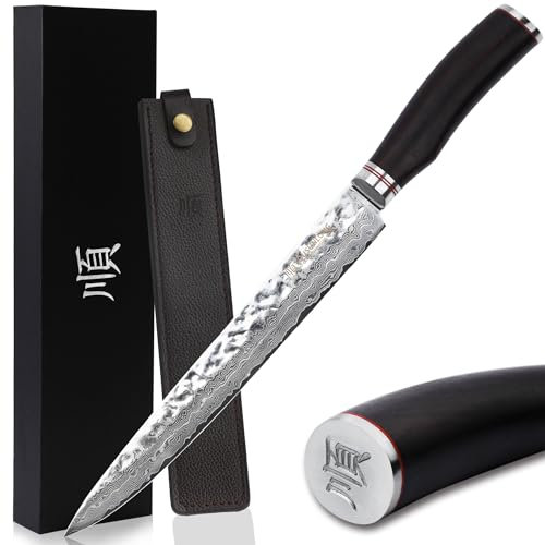 YOUSUNLONG Couteaux à découper 10 pouces Couteaux à trancher Japonais VG10 Damas Acier Naturel Ebène Manche en bois