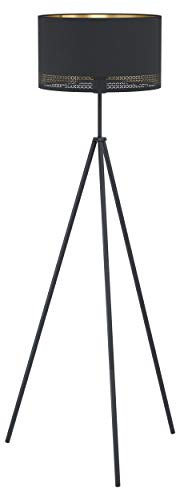 EGLO Stehlampe Esteperra, 1 flammige Stehleuchte Vintage, Retro, Standleuchte aus Stahl und Textil, Wohnzimmerlampe in Schwarz, Gold, Lampe mit Tritt-Schalter, E27 Fassung