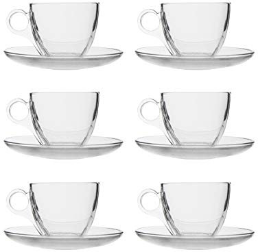 Set of 6 Glass Cup and Saucer 190ml Cappuccino Tea Coffee Espresso Clear Glass Cups with Saucers Hot Drinks for 6 People