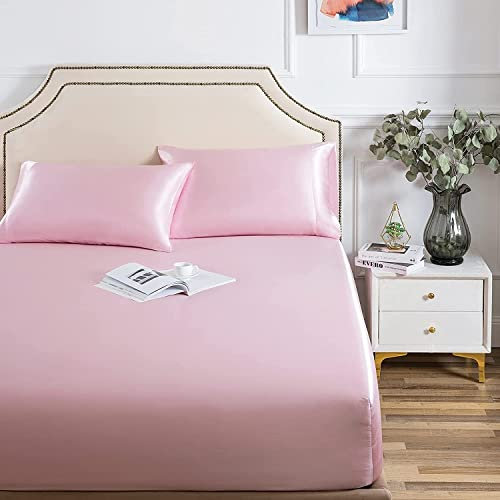 Damier Satin Spannbettlaken 140x200cm Rosa Seide Glänzend Spannbetttuch Hochwertiges Satin Deluxe Bettlaken, geeignet für Matratzen bis 25cm