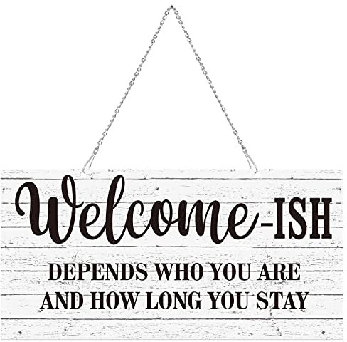 Hotop Funny Welcome Front Door Sign Welcome-ish Hanging Sign 12 x 6 Inch, Rustic Wall Farmhouse Door Decor for Home Porch Entryway Decor(Black Words with White Base)