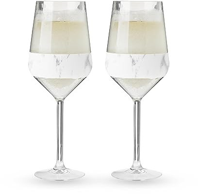 Host Wine Freeze Double-Walled Stemmed Wine Glasses Freezer Cooling Cups with Active Cooling Gel and Insulated Silicone Grip | Set of 2 Plastic Tumblers, 6.5 oz (192 ml) - Marble (10034)