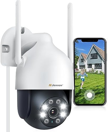 Jennov 2K Security Camera Outdoor, PTZ Wifi Home CCTV Camera 360° View with Auto Tracking, 24/7 Recording, Color Night Vision, Motion Detection, 2-way audio, Sound-Lights Alarm