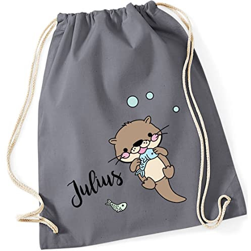 minimutz Personalisierter Turnbeutel für Mädchen Jungen mit Namen | Motiv Otter mit Fisch | Stoffbeutel mit Kordel zum Zuziehen | Geschenk-Idee für Kinder (grau)