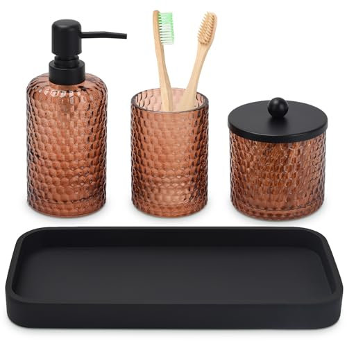 Bathroom Accessories Set,4 Pcs Amber Glass Bathroom Accessories Sets-Lotion Soap Dispenser,Toothbrush Holder,Qtip Holder Dispenser & Resin Vanity Tray,Countertop Vanity Organizer,Amber