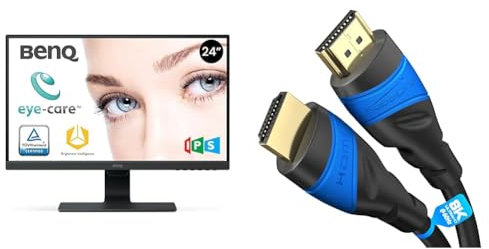 BenQ GW2480 60.5 cm (23.8 inch) LED Monitor (Full HD, Eye-Care, IPS Panel Technology, HDMI, DP & HDMI Cable 8K / 4K – 1.5m – with A.I.S Shielding – Designed in Germany