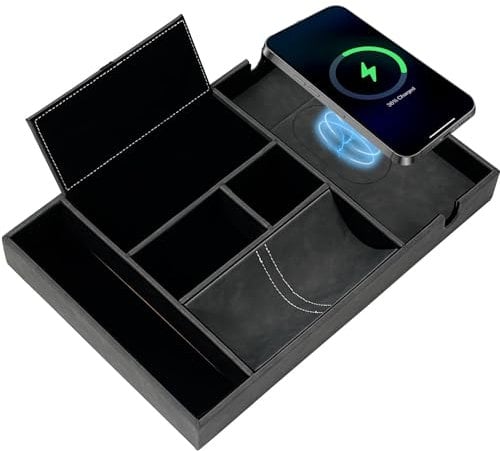 TRIXES Wireless Charging Tray, Multi-Compartment Desk or Nightstand Organiser Station with Charger - Phone, Wallet, Keys, Glasses, Watches and More - Grey