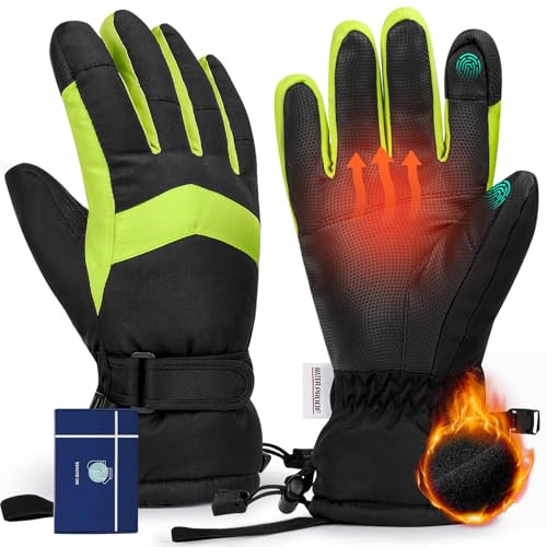 Hyeek Winterhandschuhe für Damen, Wasserdicht Skihandschuhe Damen - Warme Atmungsaktive Schneehandschuhe Winter Touchscreen Handschuhe für Skifahren,Snowboarden (Schwarz mit Grün, M)