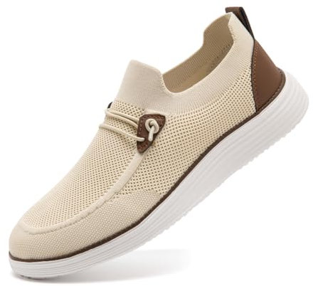 CAIQDM Bequeme nackte Slip-On-Loafer für Herren hautfreundliche rutschfeste Innensohlen Walking-Freizeitschuhe Retro-Mode leichte und atmungsaktive Outdoor-Fitness-Joggingschuhe Beige EU 46