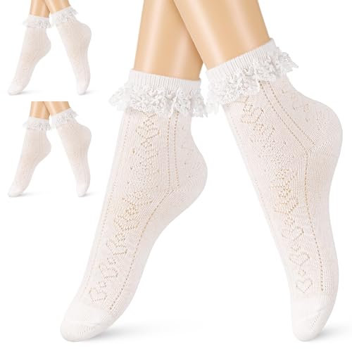 Jadive 3 Paar Rueschen Socken Rüschensöckchen Crew Socken Prinzessinnen Anzugsocken für Damen