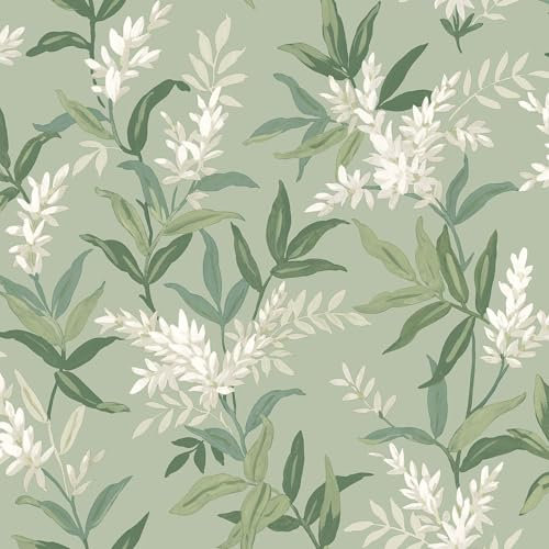 Papier peint à fleurs Belgravia Olivia - Fleurs et feuilles botaniques - Vert sauge
