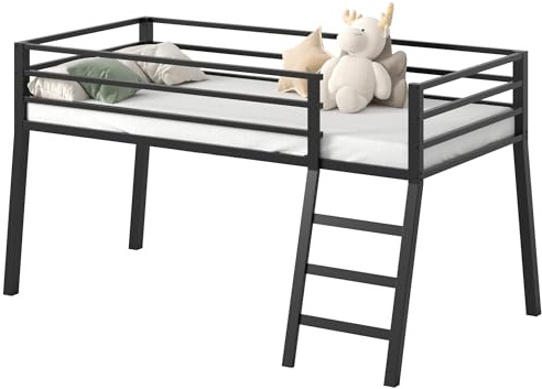 Lutown-Teen Metal Low Loft Bed Twin Size with Stairs and Guard, Black