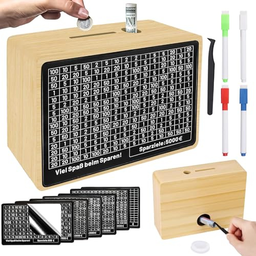 Outtshop Spardose Holz, Sparbox mit Zahlen Ankreuzen, €500 €1,000 €2,000 €3,000 €5,000 €1,0000 Wiederverwendbar spardose, Geeignet für Kinder und Erwachsene Keine, Montage erforderlich (Braun)