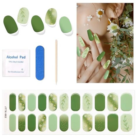 Semi Cured Gel Nail Wraps Green ,22 Pcs UV Gel Nail Strips Stickers with Tool Kit Save Time And Money Long Lasting Waterpoof Salon Quality DIY Manicure at Home